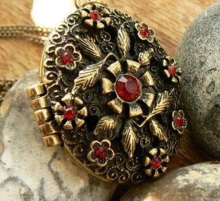 Ruby Crystal Locket Long Chain Pendant necklace Embosed