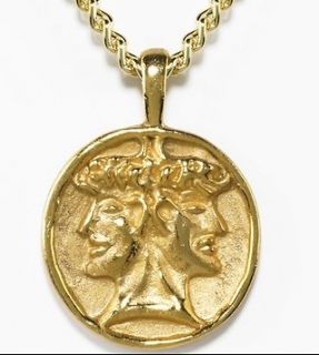 Etruscan Double Headed Janus Pendant, 24K Gold Plated 0.85 in Dia 