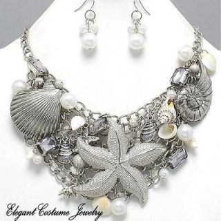   Sea Shell Starfish Pearl chunky Necklace Set Elegant Costume Jewelry
