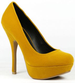 Mustard Yellow Velvet High Heel Round Toe Platform Pump Qupid Onyx 01