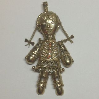 Vintage HUGE Gold on Silver Rag Doll Girl Pendant (Fully Articulated)