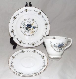Sheltonian English Bone China Trio Cup Saucer Plate Blue Floral 