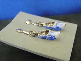 Vintage Sterling Blue Delft Clog Shoe Earrings Holland