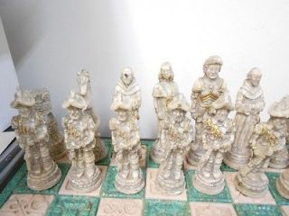 UNIQUE VINTAGE AZTEC vs. SPANISH CONQUISTADOR CHESS SET CARVED PIECES