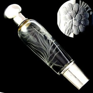   FRENCH STERLING SILVER 950 ETCHED CRYSTAL INTAGLIO LIQUOR FLASK BOTTLE