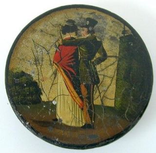 19th c Lacquered Papier Mache Snuff Box Officer & Lady