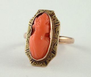 1880s FINE ANTIQUE/VICTORIAN CARVED CORAL CAMEO 10K YELLOW GOLD RING 