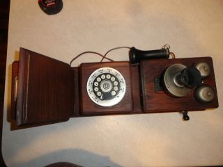   Antique Oak hand crank wall mount telephone western electric at&t