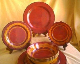 12 Piece RED Yellow Tuscan Southwest Stoneware Look Melamine Dish Bowl 