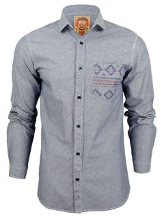 Tokyo Laundry Mens Shirt Chambray Denim Blue Aztec Nordic Long Sleeved 