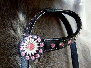 Horse Bridle Western Leather Headstall Pink Black Bling Floral Tack 