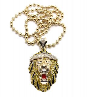 ICED OUT BIG SEAN LION FACE PENDANT & 4mm/36 BALL CHAIN HIGH NECKLACE 