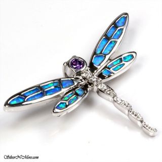 DRAGON FLY BLUE FIRE OPAL CZ PENDANT .925 STERLING SILVER SILVERNMORE 