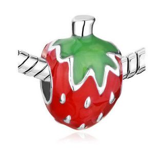 PUGSTER® BEAD CUTE SILVER TONE STRAWBERRY WITH RED AND GREEN CHARM 
