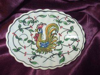 Vintage Outeiro Hand Painted Rooster Trinket Tray Card Agueda Portugal 