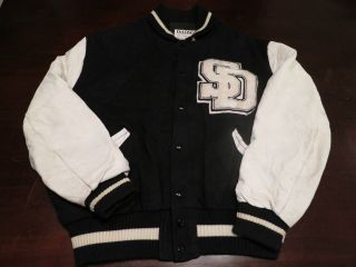   Varsity Letterman Wool Leather Football Sewn Patch Jacket Coat Sz 46