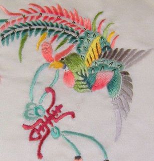 Vintage Fabric Silk Picture with Silk Embroidery Signed Asian Peacock 