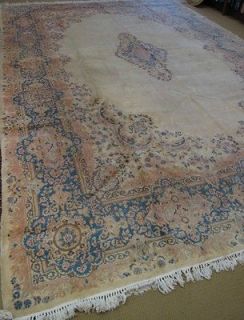   Antique Signed Oriental Persian Kerman Wool Rug. Hand knotted Iran
