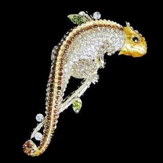 Animal Chameleon Brooch Pin Swarovski Crystal Topaz Enamel Lizard