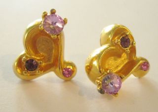 Vintage CHRISTIAN LACROIX Heart Earrings, goldtone rhinestones 