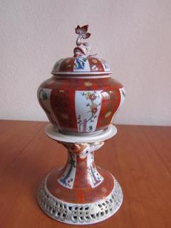 HEREND Vase on Plateau Red Dynesty with Dolphin Fish Porcelain Hungary 