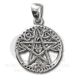Sterling Silver Small Cut Out Tree Wicca Pentacle Pentagram Pendant 