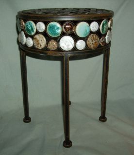 WROUGHT IRON PLANT STAND w/ BRONZE FINISH AND COLORFUL CERAMIC DISK 