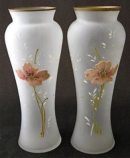 Coralene poppy dec. satin crystal vases, pair, 11 1/2