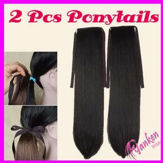   Black Long Straight drawstring clip on Ponytail hair extension cosplay