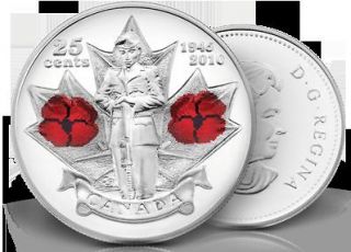 NEW 2010 POPPY Canadian 25 cent color/colour coin