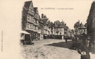 France postcards Lannion Central Square with shops and market stall 
