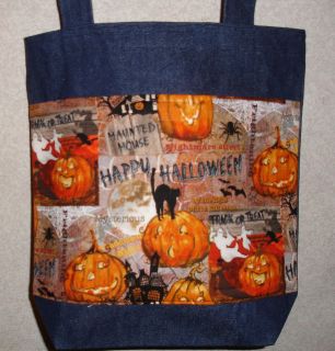 NEW Handmade Halloween Funny Faces Pumpkins Medium Denim Tote Bag