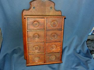   1890s Hand Carved Oak Wooden Hanging 8 Drawer Spice Chest Cabinet