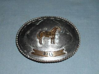   Silver Western Belt Buckle Brass Quarter Horse Rope Edge Banner Bill