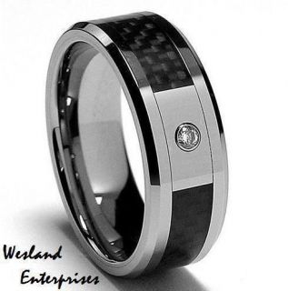   Carbon Fiber Tungsten Carbide Ring w/ Cubic Zirconia (CZ) Stone Inlay