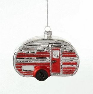 Red and Silver Outdoors Teardrop Camper Glass Holiday Ornament