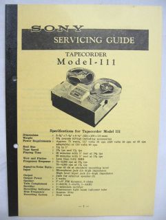 SONY 111 REEL to REEL Tape Recorder Tapecorder SERVICE GUIDE MANUAL
