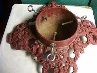 ANTIQUE TREE STAND CAST IRON RED EMBOSSED BELLS, WREATH