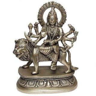 Brass Sculpture Statue Hindu Goddess Durga Seated on a Lion