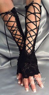 BLACK X LONG LACE UP FINGERLESS GLOVES WITH LACE CUFFS / ARM WARMERS 