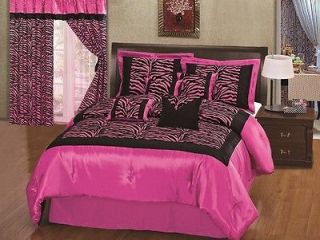   Pink Satin Black Zebra Flocking Comforter Set w/ 4 Pillows Twin Size