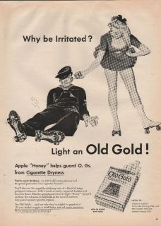   OLD GOLD CIGARETTES MAN ON GROUND LADY ON ROLLER SKATES PRINT AD