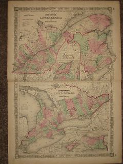 1864 QUEBEC ONTARIO Map JOHNSON ATLAS CIVIL WAR Hand Watercolored 