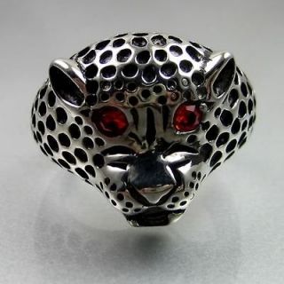  Biker Mens Black Silver Stainless Steel Red Eye Jaguar Ring Size 8