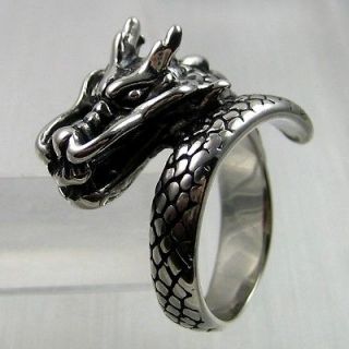 Vintage Biker Black Silver Stainless Steel Dragon Mens Ring Size 13
