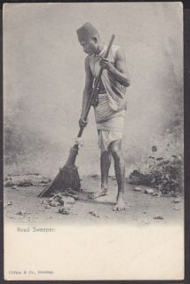   NATIVE MAN ROAD SWEEPER & BROOM IN STUDIO 1908 EARLY PRINTED CARD
