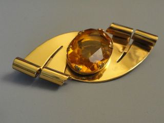 Vintage Sterling Silver Coro Craft gold Toned Brooch Pin Lg Amber 