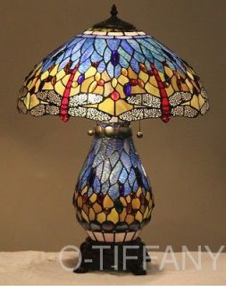 Tiffany Style Stained Glass Lamp Blue Dragonfly w/ Lit Base & Summer 