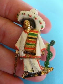   VINTAGE BRASS HAND PAINTED ENAMEL MEXICAN MAN MARIACHI BROOCH PIN