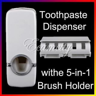 White Auto Toothpaste Dispenser 5 in 1 Toothbrush Holder Wall Mount 